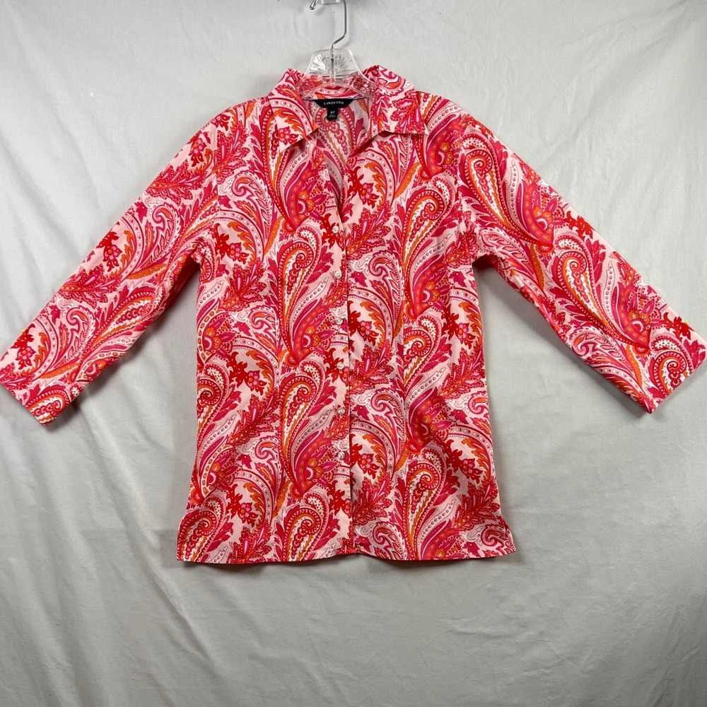 Lands End Button Down Shirt Womens 8T Pink Orange Paisley Long Sleeve Stretch
